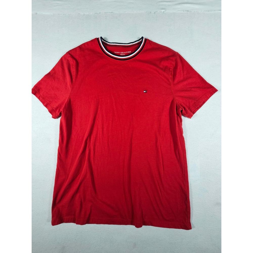 Tommy Hilfiger Mens Red T-Shirt Crew Neck Striped Collar Flag Logo 78JB130 M